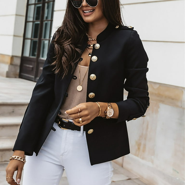 wofeydo Women's formal Dresses, Women Casual Slim Top Button Long Sleeve  Stand Collar Solid Business Jacket Trendy Office Short Coat, formal Dresses