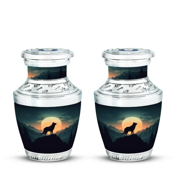 wolf-howling-moon-night-sky Eternal Reflection Compact Urn - Unique Mini Memorial for Cherished Memories Funeral Urns For Human Ashes - Memorial Urns 3 Inch, Set Of 2