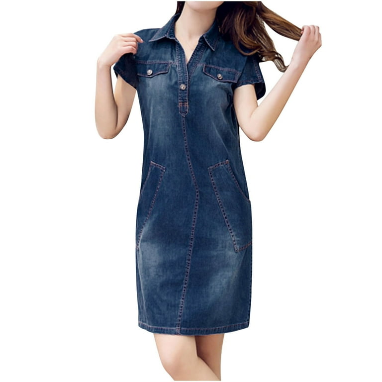 women Short Sleeve Solid Color Denim Dress Midi Dress V Neck Patchwork Loose Buttoned Denim Knee Length Dress Women Vintage Do Over Style Casual Dress