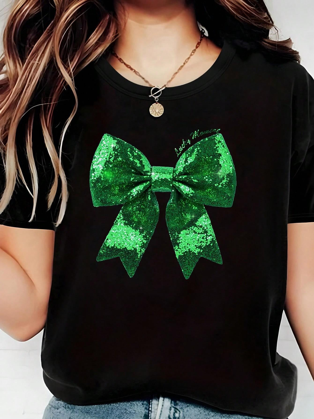 women T Shirts Short Sleeve SHEIN Essnce St. Patrick's Day Green Bow Casual Homewear Front Digital Print Comfortable Women Short Sleeve T-Shirt