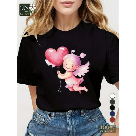 women T Shirts Short Sleeve Whimsical Cupid with Heart Balloon Pure Women'S Tshirt Comfort Fit Tee Tee For Adult, Men, Women, Teen, Teenager, Adolescent,Youth