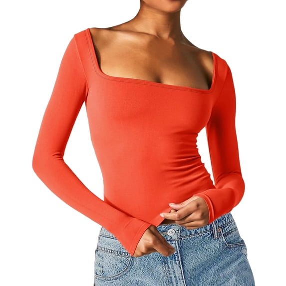 women Tight Low Square Neck Long Sleeve T Shirt Top
