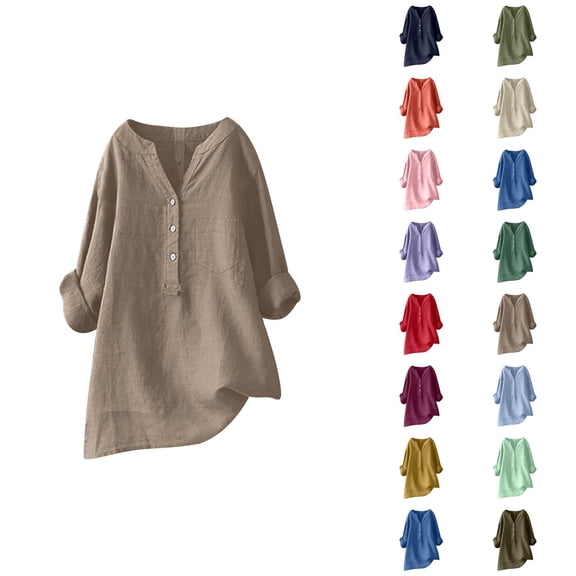 women blouses womens 3/4 sleeve tops and blouses 3/4 sleeve blouses women business Women Loose Solid Linen Shirt Long Sleeve Button Up Mandarin Collar Top