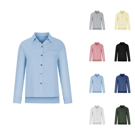 women blouses womens 3/4 sleeve tops and blouses cotton button down blouses women Ladies Casual Spring Summer Cotton Linen Lapel Tie Pocket Long Sleeve Shirt