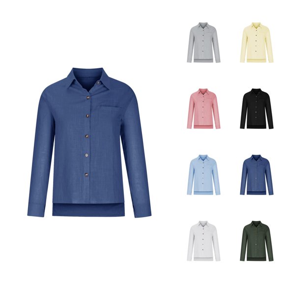 women blouses womens 3/4 sleeve tops and blouses professional blouses women free Ladies Casual Spring Summer Cotton Linen Lapel Tie Pocket Long Sleeve Shirt