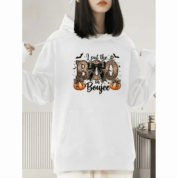 women casual and fashionable long-sleeved with a BOO bow and pumpkin pattern white S-2XL
