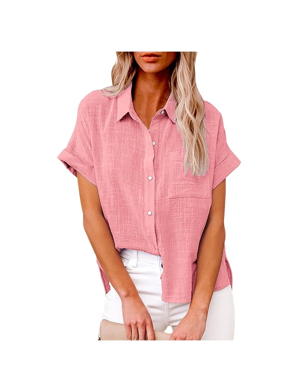 women cotton linen casual short sleeve shirt blouse button down tops front pocket tshirt lightweight summer cardigan