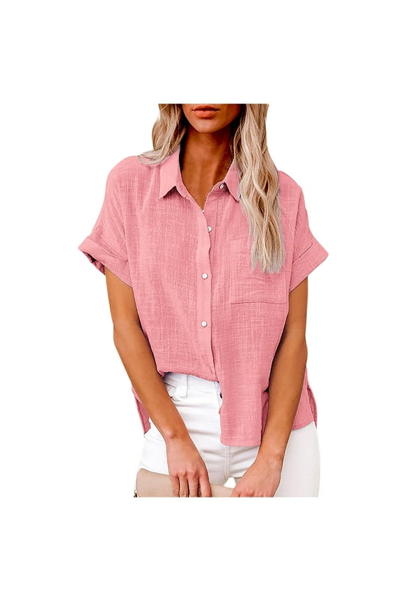 women cotton linen casual short sleeve shirt blouse button down tops front pocket tshirt lightweight summer cardigan