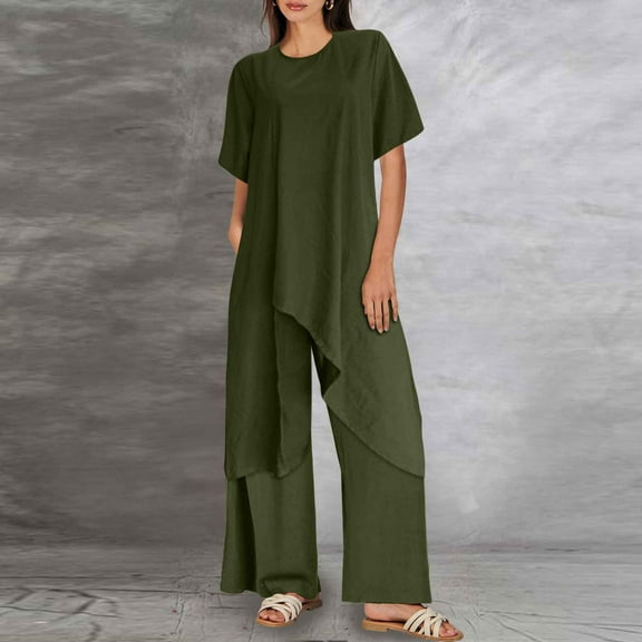 women fashion and linen two piece casual wear short sleeve crew neck top trousers and sportswear suit Women Jumpsuit Dressy Suits for Women Formal Formal Dresses with Pants Dressy Pant Suits for A