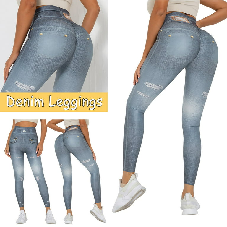 women leggings high waist with pockets Women's Denim Print Jeans Look Like  Leggings Stretchy High Waist Slim Skinny Jeggings