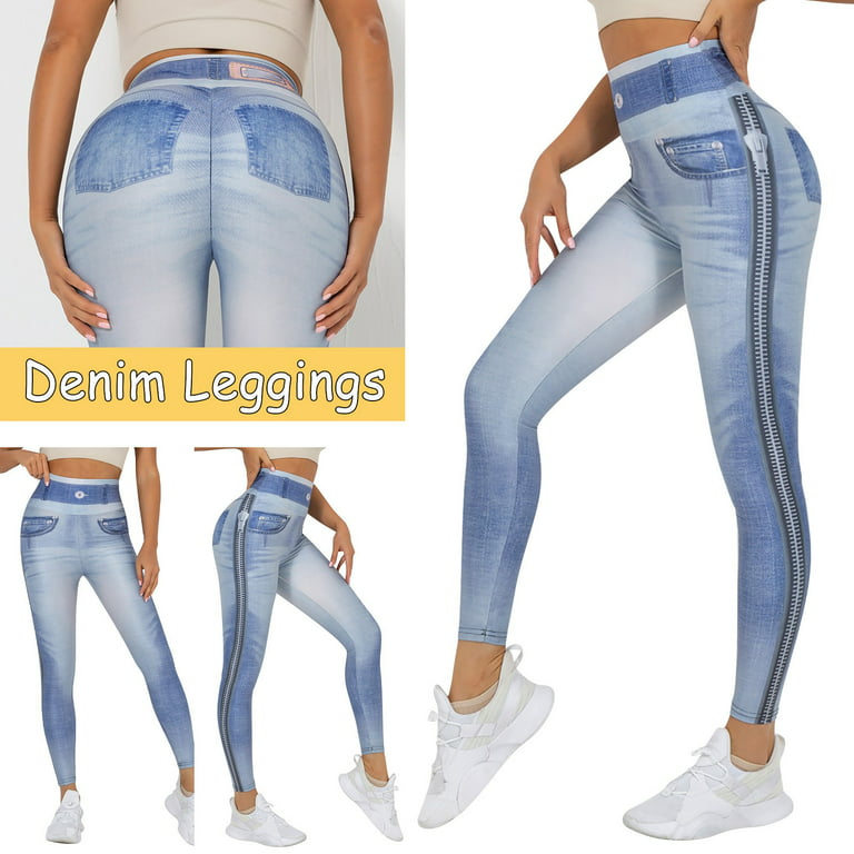 women leggings tummy control for winter Women's Denim Print Jeans Look Like  Leggings Stretchy High Waist Slim Skinny Jeggings 