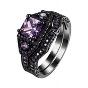 OFNADKSLLIN women platinum statement rings cubic zirconia wedding ring set eternity silver 2PC Square Black Purple Cubic Zirconia Bridal Rhinestone Engagement Ring Full Diamond Solitaire 5-12