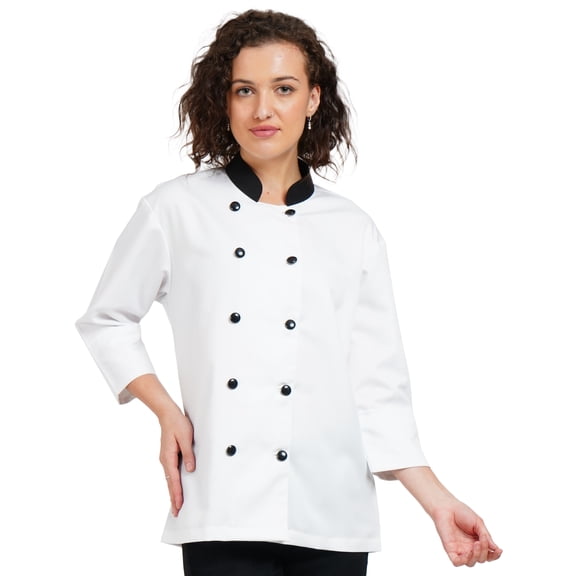 women's 3/4 sleeve white chef coat with black collor Jacket Uniform for Food Service, Caterers and Culinary professional chef coat