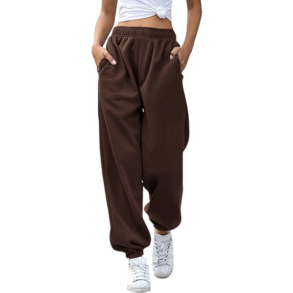 women's Jogger Sweatpants Casual Solid Color Drawstring Elastic Waist Pants Comfortable Exercise Trousers with Pockets Brown M