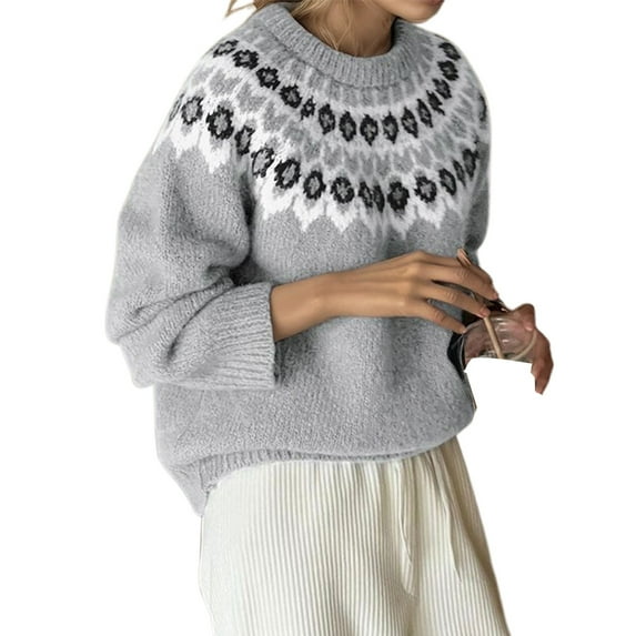 women's Sweaters Trendy Retro Christmas Fair Isle Geometric Print Knit Top Round Neck Pullover Fall Outerwear