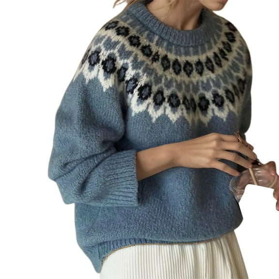 women's Sweaters Trendy Retro Christmas Fair Isle Geometric Print Knit Top Round Neck Pullover Fall Outerwear