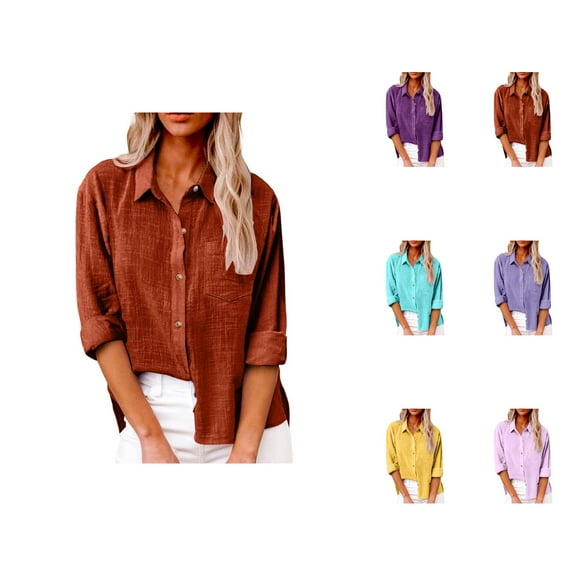 women's blouses plus size womens blouses blouses that tuck into pants Women Spring And SSummer Solid Color Lapel Long Sleeved Shirt With Pockets Snd Side Slits Casual Shirt