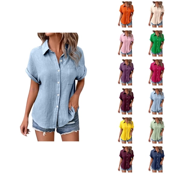 women's blouses plus size womens blouses work appropriate blouses women Ladies' Fashionable And Casual Solid Color Batsleeved Button Short Sleeved Shirt