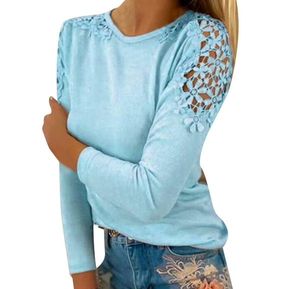 women's clothing Round Neck Solid Hollow Stitching Long Sleeved T Shirt