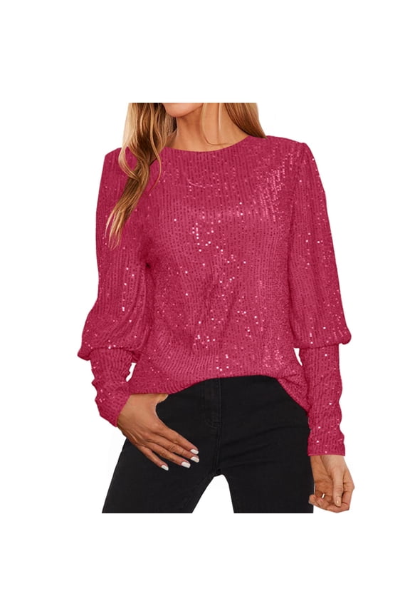 women's clothing Style Loose Long Sleeved Sequin Crewneck Top T Shirt