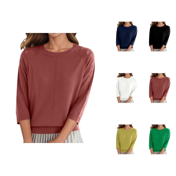 women's clothing Women's Pullover Sweater Casual Solid Color Knit Sweater Round Neck Three Quarter Sleeve Comfortable Lightweight Design