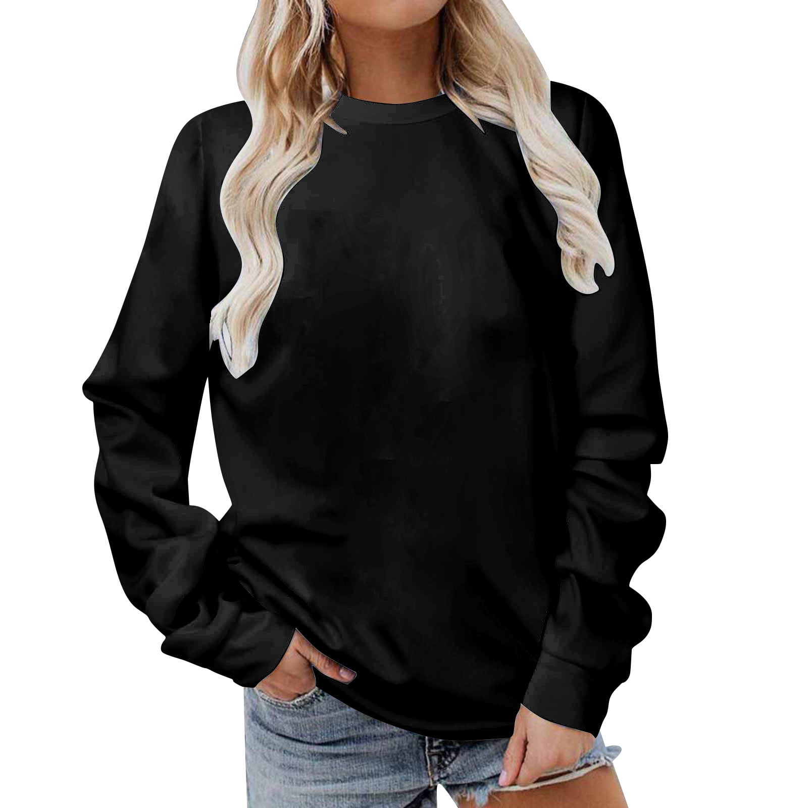 Vintage Sweatshirt Women Long Sleeve Crewneck Fall Casual Pullover Loose  Hoodies Y2K Cute Plus Size Athletic Black Pullover