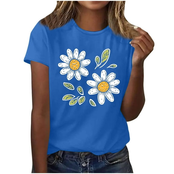 women's cute flower graphic tops crew neck tee shirt print tunic top slim fit t-shirt slightweight trendy blouses going out summer 2025