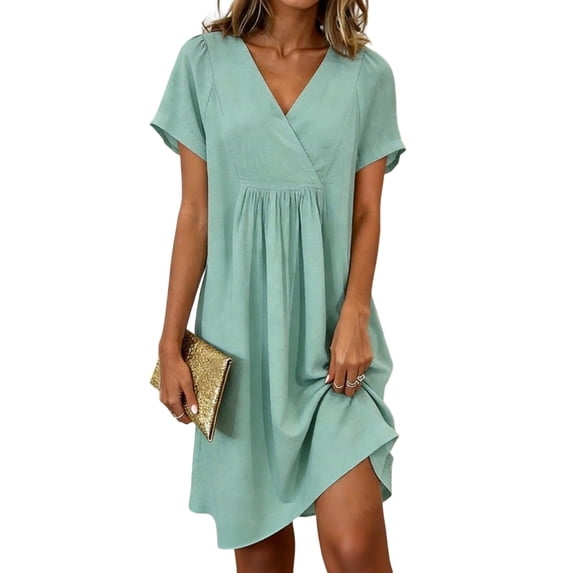 women's dress, Bohemian V-neck short-sleeved dress, color A-line cocktail party beach dress