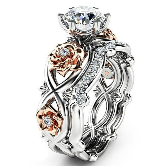 women's fashion new women silver & rose gold filed white wedding engagement floral ring set