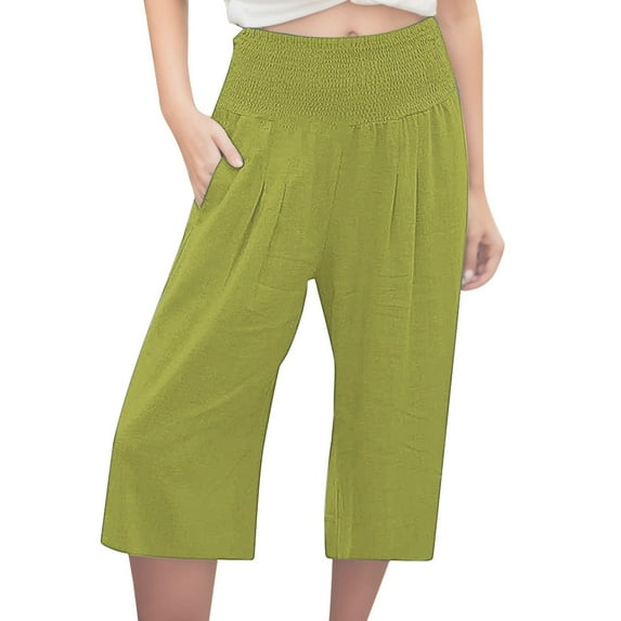 women's imitation and linen solid color elastic waist casual pants sports capri pants