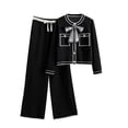thumbnail image 1 of women's knit 2 piece outfit long sleeve button down bow shirt full length wide leg pants business casual sets (Free Size, Black), 1 of 3