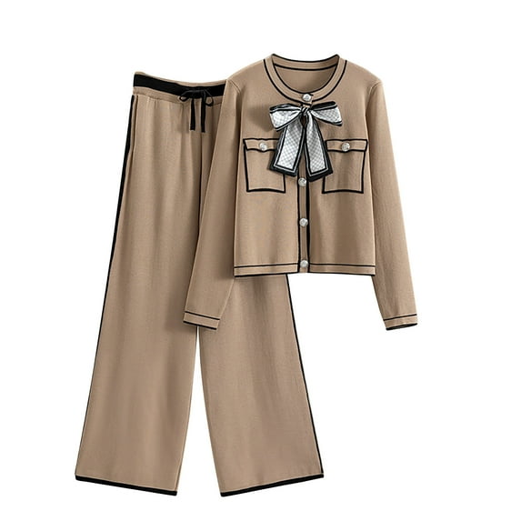 women's knit 2 piece outfit long sleeve button down bow shirt full length wide leg pants business casual sets (Free Size, Khaki)