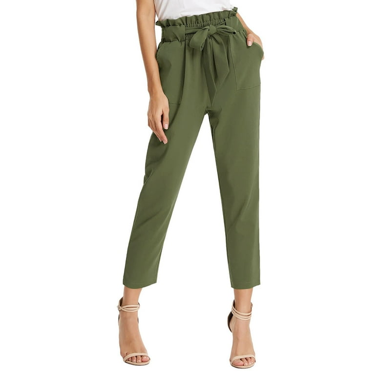 women's pants trouser slim casual cropped paper bag waist pants with pockets