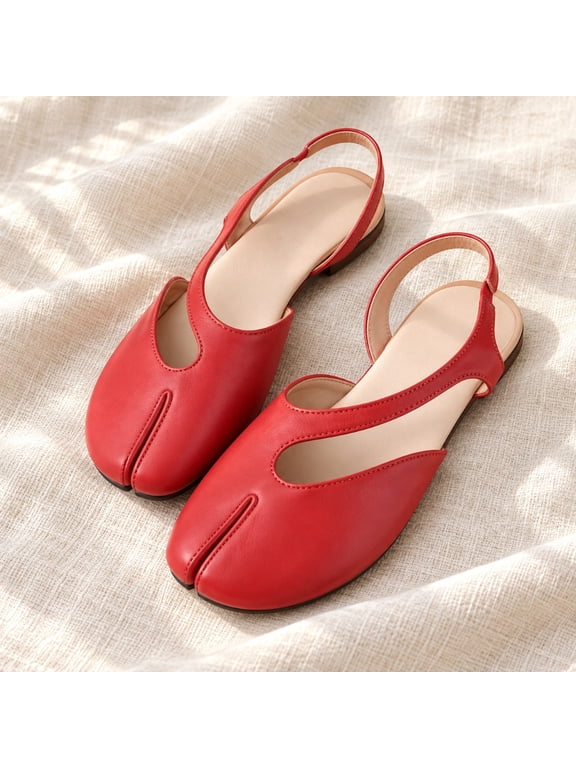 This women's red split-toed flat shoe has a soft upper, with a back empty strap and a comfortable insole. It is light and easy to wear, suitable for commuting, leisure and daily matching.