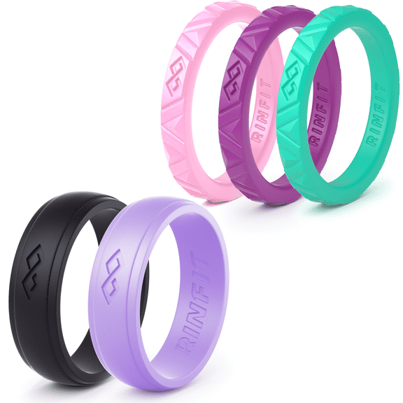 women's silicone wedding ring - 5 Rings Pack - Mix Collection Rinfit Designed Ring. Thin 2.5 / 5.5 mm wide - Stackable & Thin rubber Wedding Bands for women. Durable wedding ring replacement. size 9