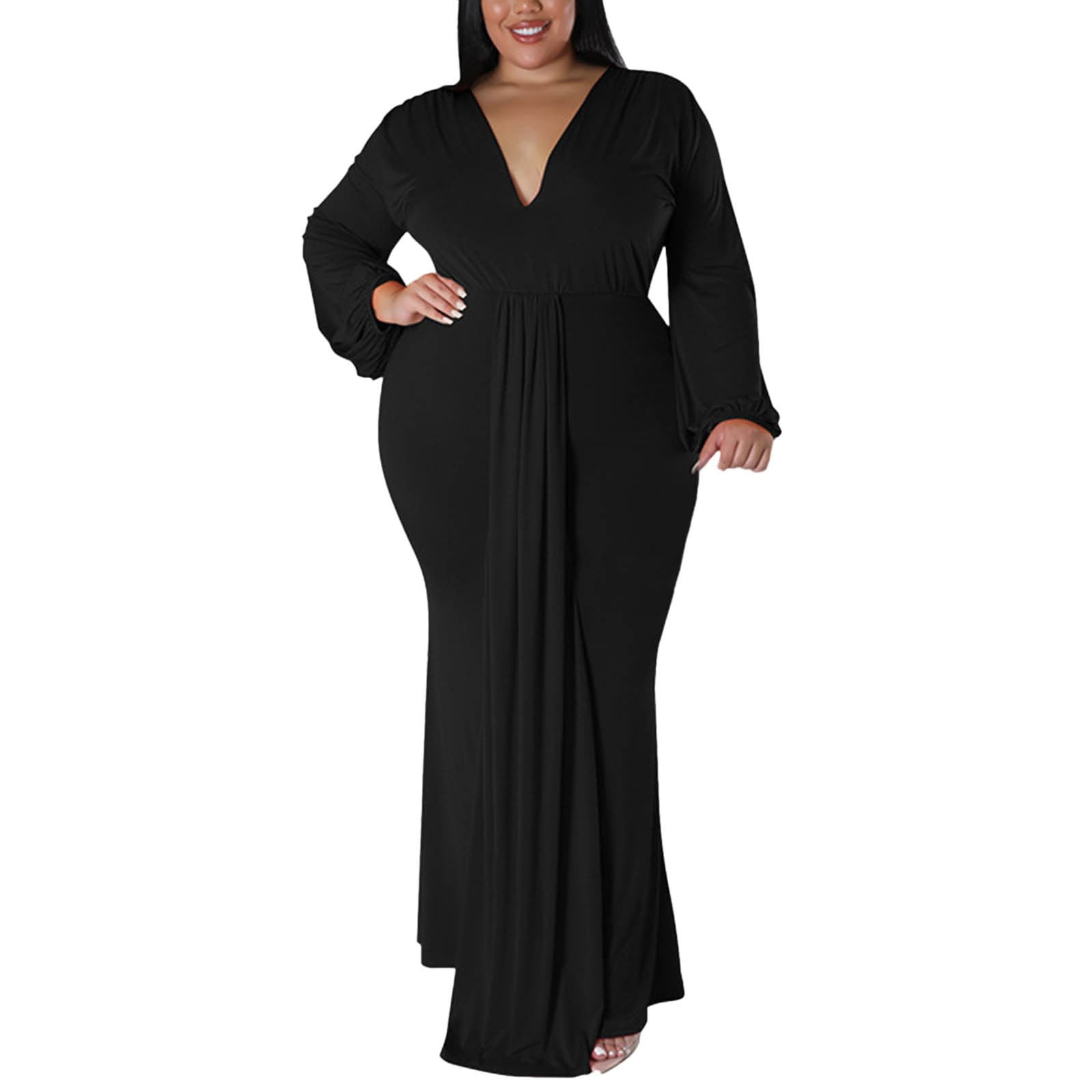 women's solid deep v neck long sleeve pleated dress plus size formal