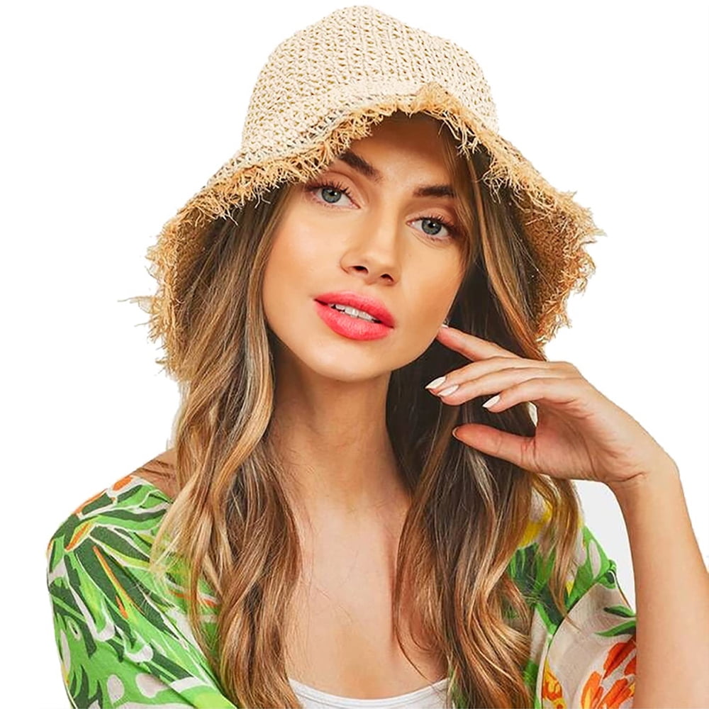 women's straw hat beach sun hat frayed crochet foldable straw bucket hat  summer soft brim beach hat