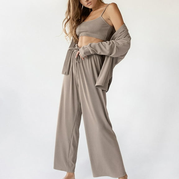 women's suits 2 piece outfit v neck print Asymmetrical cardigan straight leg pants business casual sets (L, Brown)