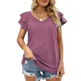 thumbnail image 1 of New women's summer new solid color V-neck double ruffled sleeve loose top T-shirt, 1 of 2