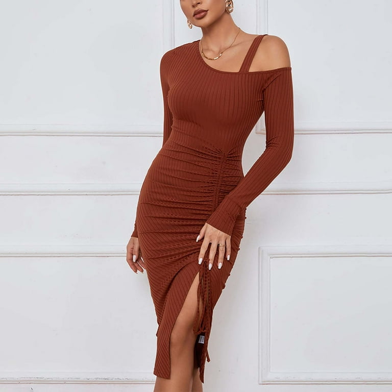 women s sweater dress with long sleevesElegant Off Shoulder Slit Long Sleeve Solid Color Bodycon Dress For Women Perfect For Fall Winter Walmart