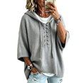 thumbnail image 1 of women's sweaters Lightweight Lace Up Knit Summer Sweater Relaxed Loose Fit 3/4 Batwing Sleeve Hooded Pullover Casual Vacation Lounge Womens Tops, 1 of 6