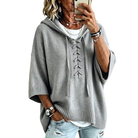 women's sweaters Lightweight Lace Up Knit Summer Sweater Relaxed Loose Fit 3/4 Batwing Sleeve Hooded Pullover Casual Vacation Lounge Womens Tops