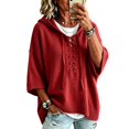 thumbnail image 1 of women's sweaters Lightweight Lace Up Knit Summer Sweater Relaxed Loose Fit 3/4 Batwing Sleeve Hooded Pullover Casual Vacation Lounge Womens Tops, 1 of 6