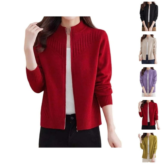 women's sweaters Women's Sweater Coat Knit Short Zip Up Cardigan Semi High Neck Loose Fit Soft Yarn Outerwear Top