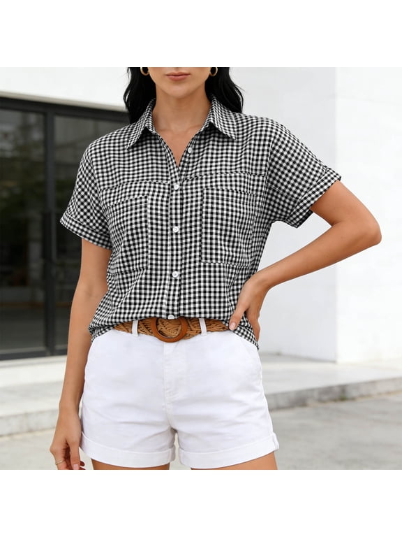 women shirts casual with Gingham Check & Button - Front, Short - Sleeve Blouse for Daily Errands, Coffee Dates & Casual Outings
