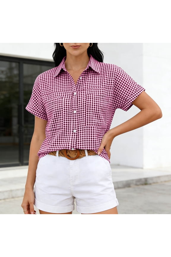women shirts casual​ with Gingham Check & Button - Front, Short - Sleeve Blouse for Daily Errands, Coffee Dates & Casual Outings