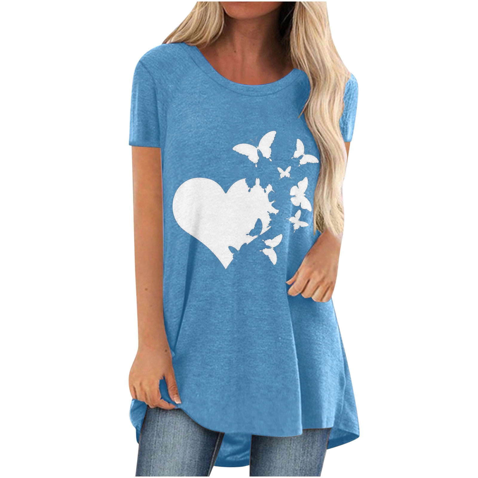 ZVAVZ Spring Womens Short Sleeve Shirts, Womens Plus Size Long Tunics Or  Tops To Wear with Leggings Summer Casual Loose Fit V Neck Blouses T-Shirts  Heart T Shirts Women 