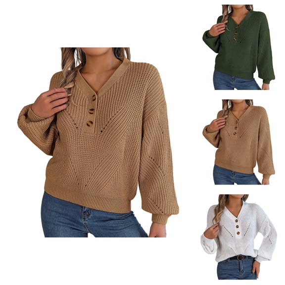 women sweater Women's Pullover Sweater Casual Knit V Neck Button Top Hollow Design for Fall Fashion Relaxed Wear