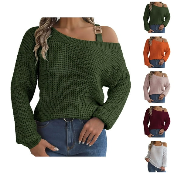 women sweater Women's Pullover Sweater Fashion Metal Buckle Strap Cold Shoulder Long Sleeves Knit Sweaters Pullover Knitwear Tops for Stylish Outfits