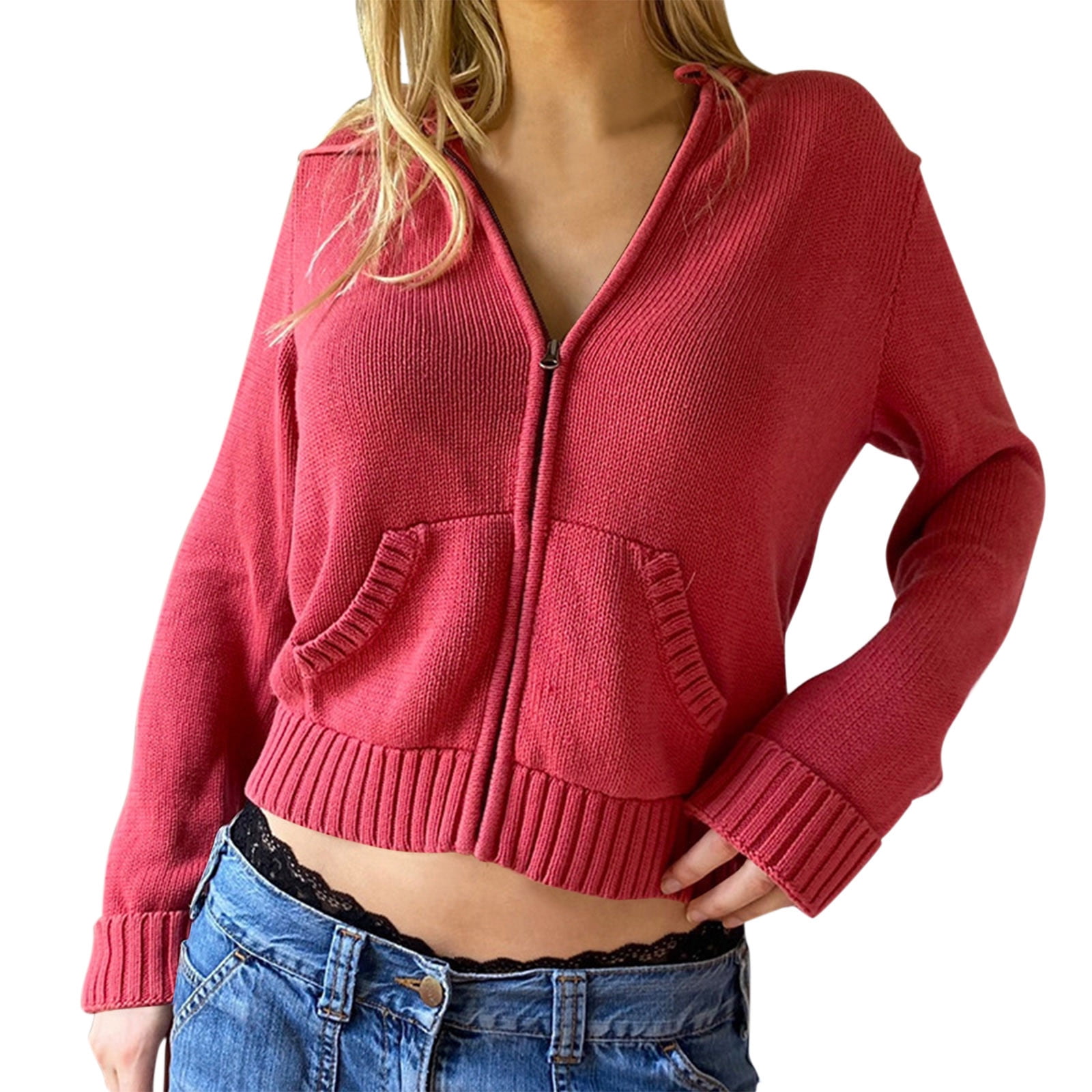 women zip up long sleeve crop hooded tops ribbed knit cropped hoodie